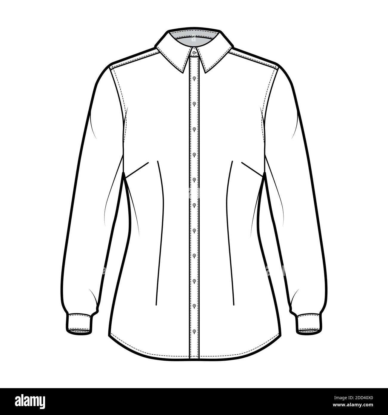 Camicia con illustrazione tecnica della moda con maniche lunghe con polsino, slim fit, freccette, bottoni-down, colletto normale. Mascherina piatta anteriore, bianca, colore. Donna uomo unisex top CAD mockup Illustrazione Vettoriale