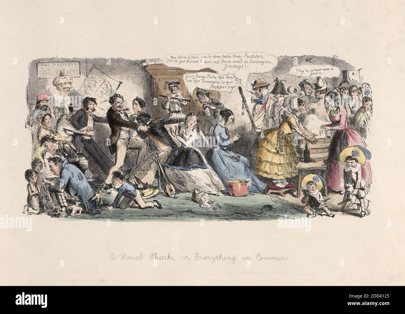 Incisione vintage di uno schizzo sociale, o tutto in comune 1850, di John Leech (caricaturista) caricature di vittoriani. Fumetto satirico sui disordini sociali. Un banjo nero aggredito dagli uomini della casa per aver parlato con una signora. Donne costrette a lavare i vestiti e a pelare le patate Foto Stock