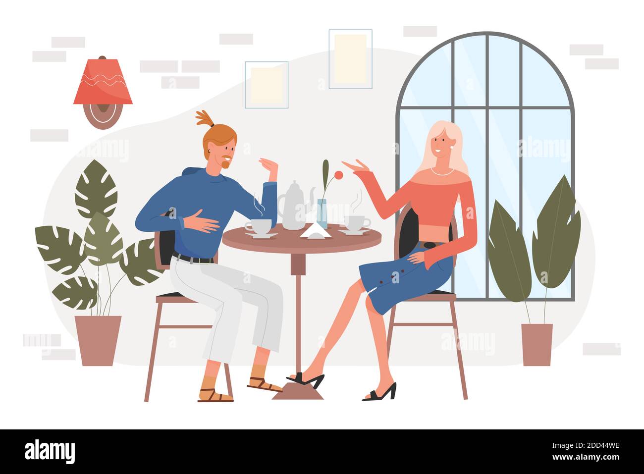 Le coppie bevono il caffè in un caffè sull'illustrazione del vettore di data. Cartoon uomo elegante donna personaggi seduti insieme al tavolo all'interno della caffetteria, bere, parlando su sfondo romantico datazione Illustrazione Vettoriale