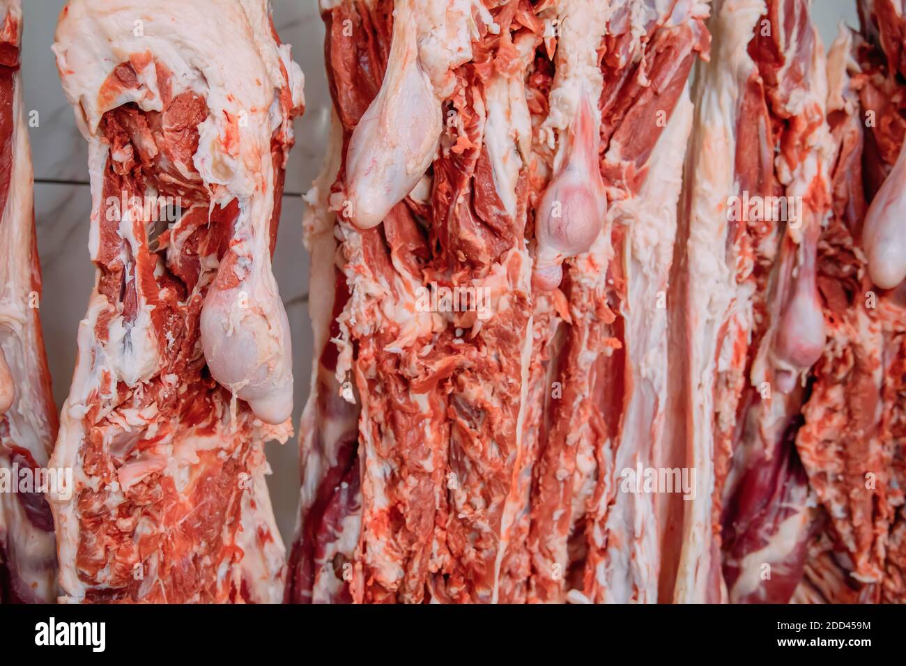 Carne di pecora appesa nel macellaio. Tagliatelle tagliate e impiccate a gancio in un macello. Taglio halal. Foto Stock