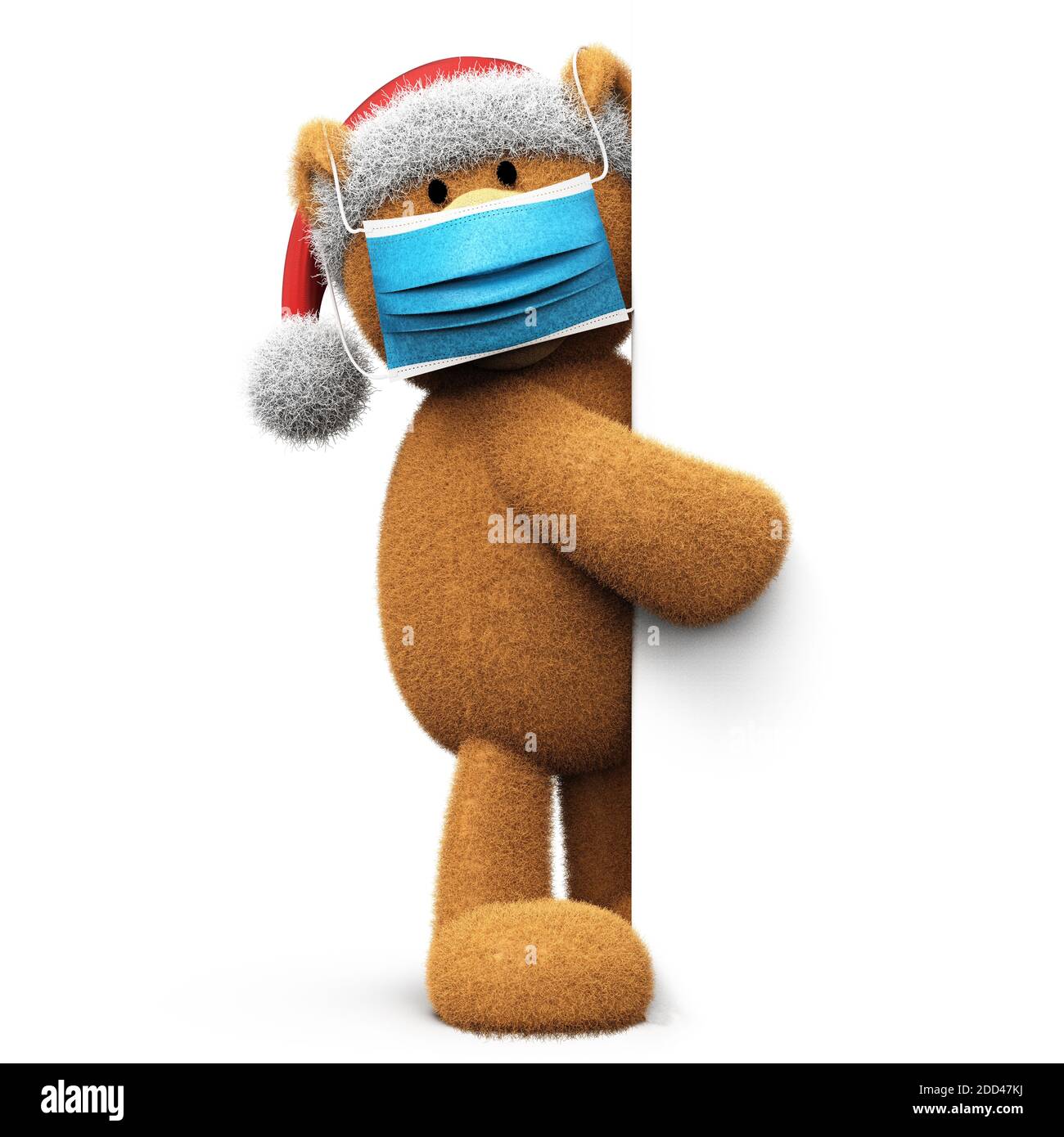 Orsacchiotto natalizio con cappello Babbo Natale e maschere chirurgiche per prevenire l'infezione da corona COVID-19, isolato su sfondo bianco rendering 3D Foto Stock