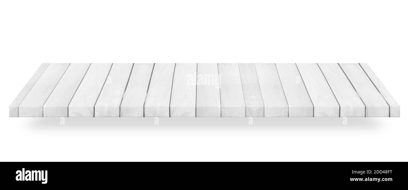 Piano in legno bianco o ripiano in legno isolato su sfondo bianco. Oggetto con tracciato di ritaglio. Foto Stock