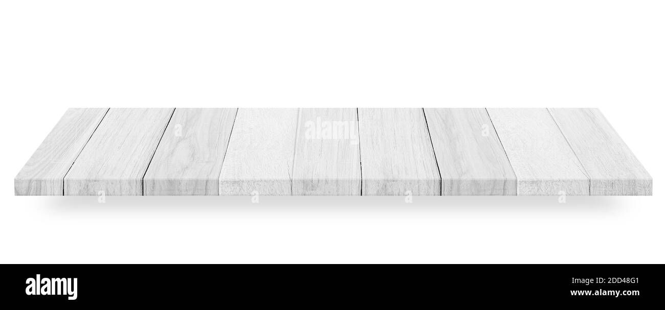 Piano in legno bianco o ripiano in legno isolato su sfondo bianco. Oggetto con tracciato di ritaglio. Foto Stock Piano in legno bianco o ripiano in legno isolato su sfondo bianco. Oggetto con tracciato di ritaglio. Foto Stock