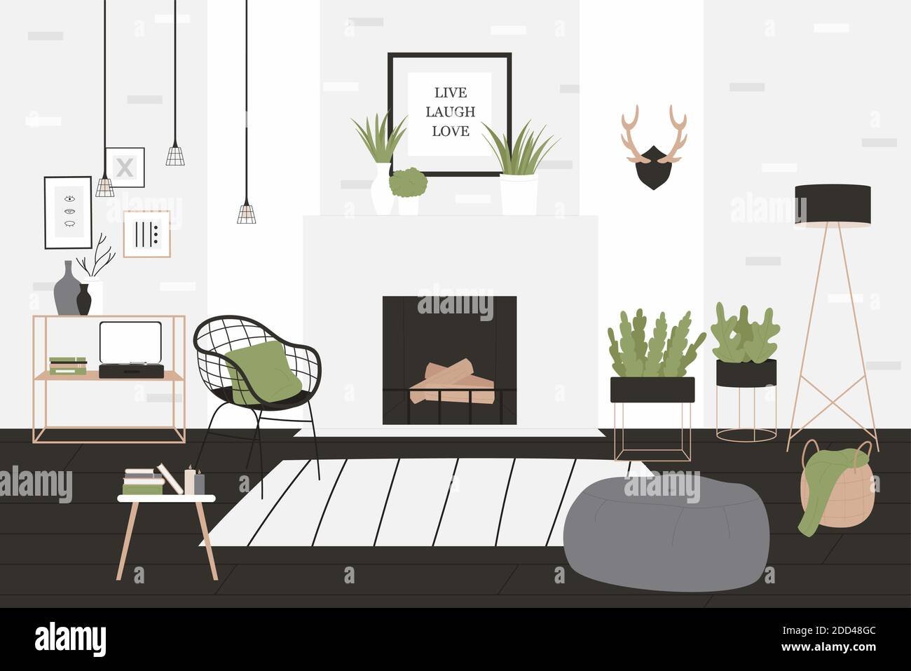 Loft stile casa soggiorno interno illustrazione vettoriale. Cartoon accogliente elegante interno minimalista con camino e poltrone, parete bianca e lampada scura sul pavimento, verde casa pianta in pentola sfondo Illustrazione Vettoriale