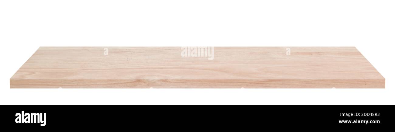 Piano d'appoggio in legno vintage o ripiano in legno isolato su sfondo bianco. Oggetto con tracciato di ritaglio. Foto Stock