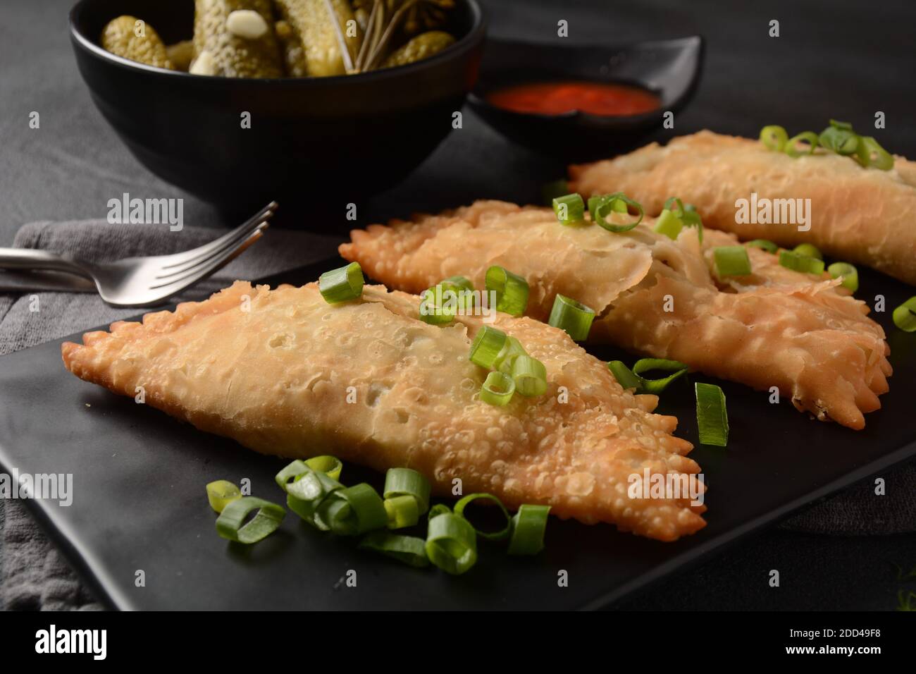Cheburek con carne e cipolla primaverile Foto Stock