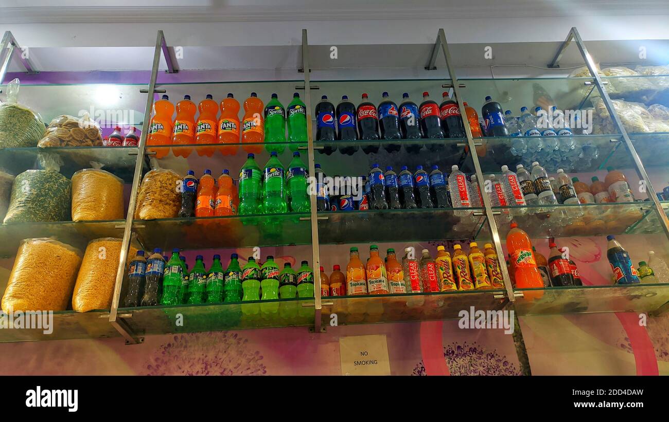 02 novembre 2020 : Reengus, Jaipur, India.Glass porta frigo orizzontale foto mockup Soda pop lattine e bottiglie di plastica in congelatore verticale a supermark Foto Stock