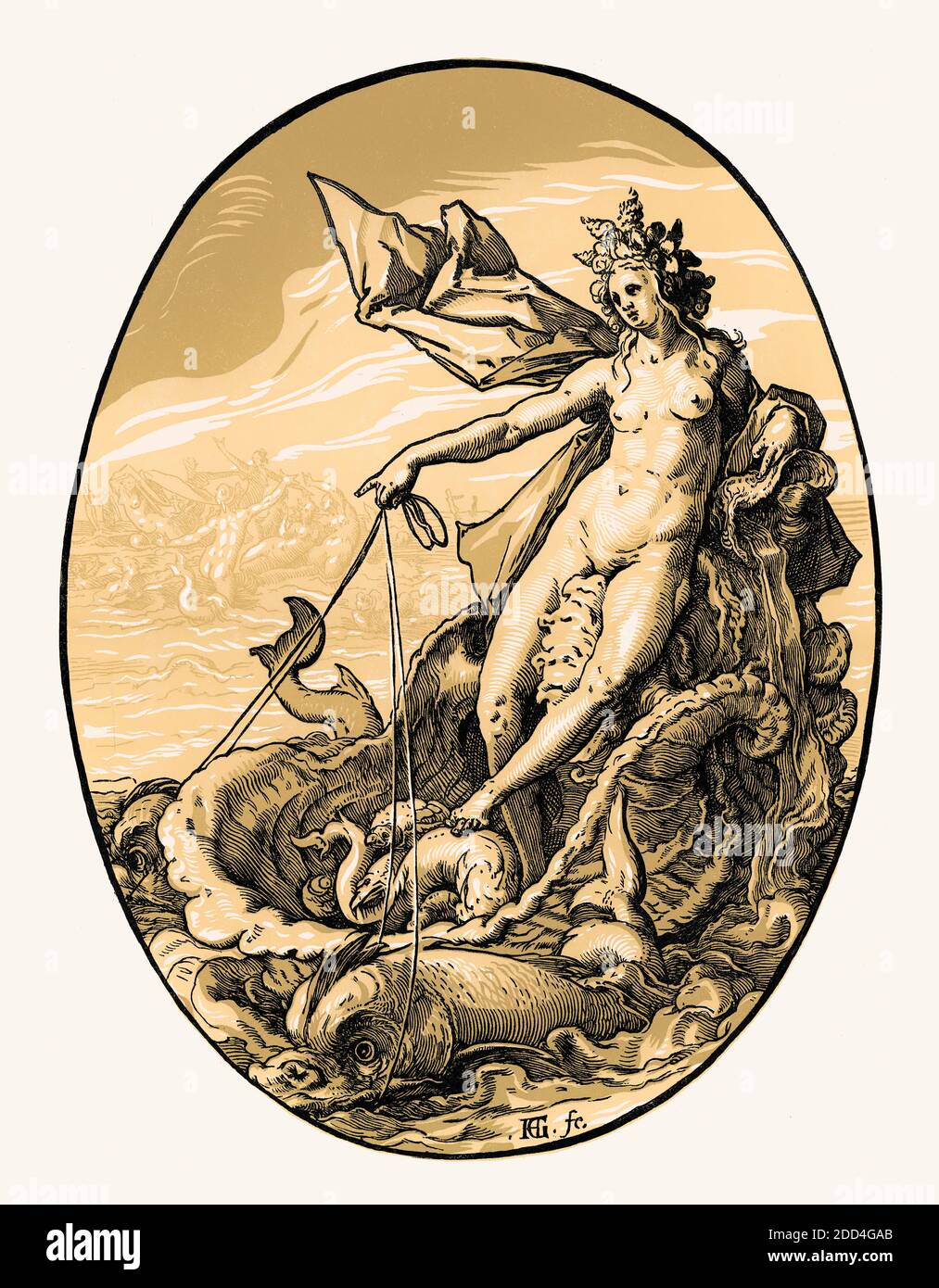 Hendrick Goltzius, Galatea tirato da delfini, 1588/1590, restaurato digitalmente Foto Stock