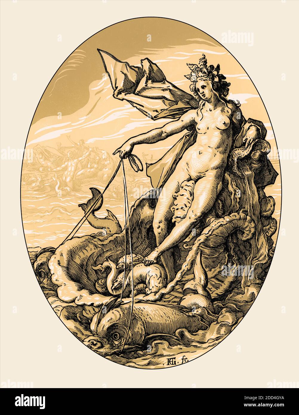 Hendrick Goltzius, Galatea tirato da delfini, 1588/1590, restaurato digitalmente Foto Stock