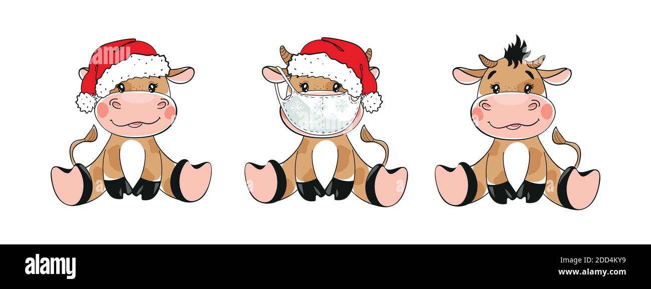 Simbolo 2021, toro in cappello di santa e maschera medica, set di personaggi cartoon. Capodanno cinese del bue Toro. Illustrazione vettoriale isolata su bianco b Illustrazione Vettoriale