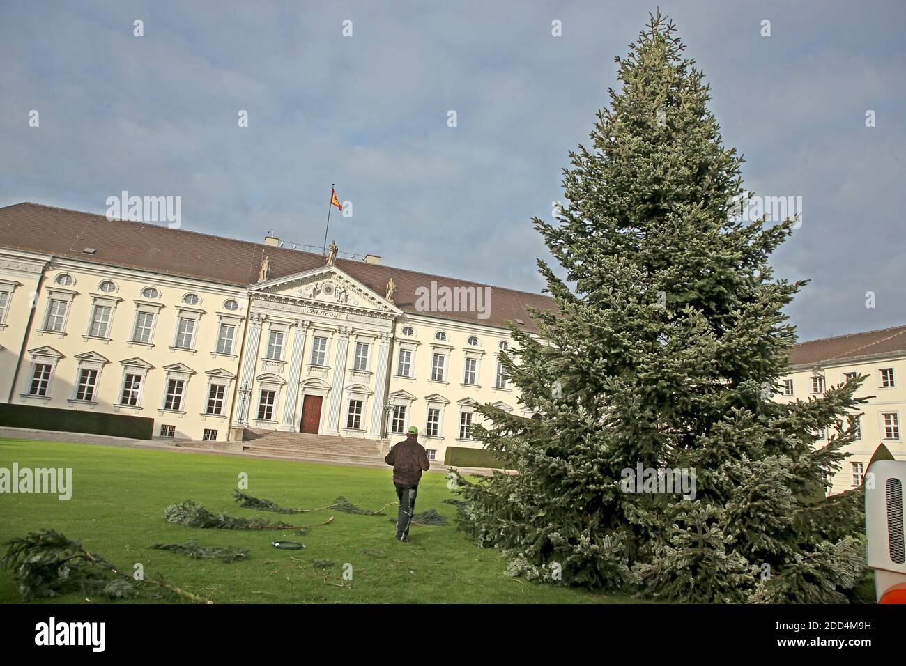 Berlino, Germania. 24 Nov 2020. I dipendenti dell'Ufficio del Presidente hanno allestito quest'anno l'albero di Natale di fronte al Palazzo Bellevue, la residenza ufficiale del Presidente Federale. Credit: Wolfgang Kumm/dpa/Alamy Live News Foto Stock