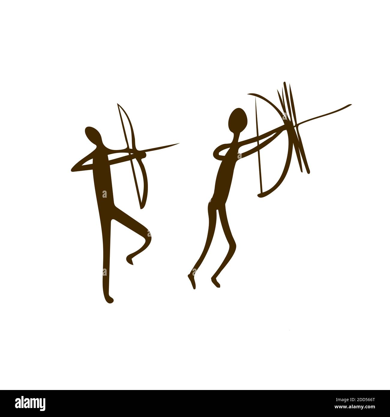 Hunters Cave Pitture - antichi petroglifici dipinti a mano. Cacciatori preistorici in uno stile tribale primitivo. Illustrazione vettoriale. Illustrazione Vettoriale