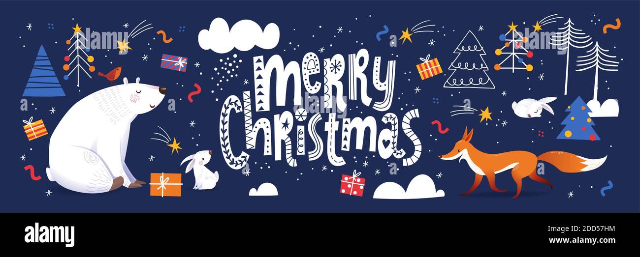 Allegro poster di Natale in stile scandinava Scandic con animali carini. Illustrazione Vettoriale
