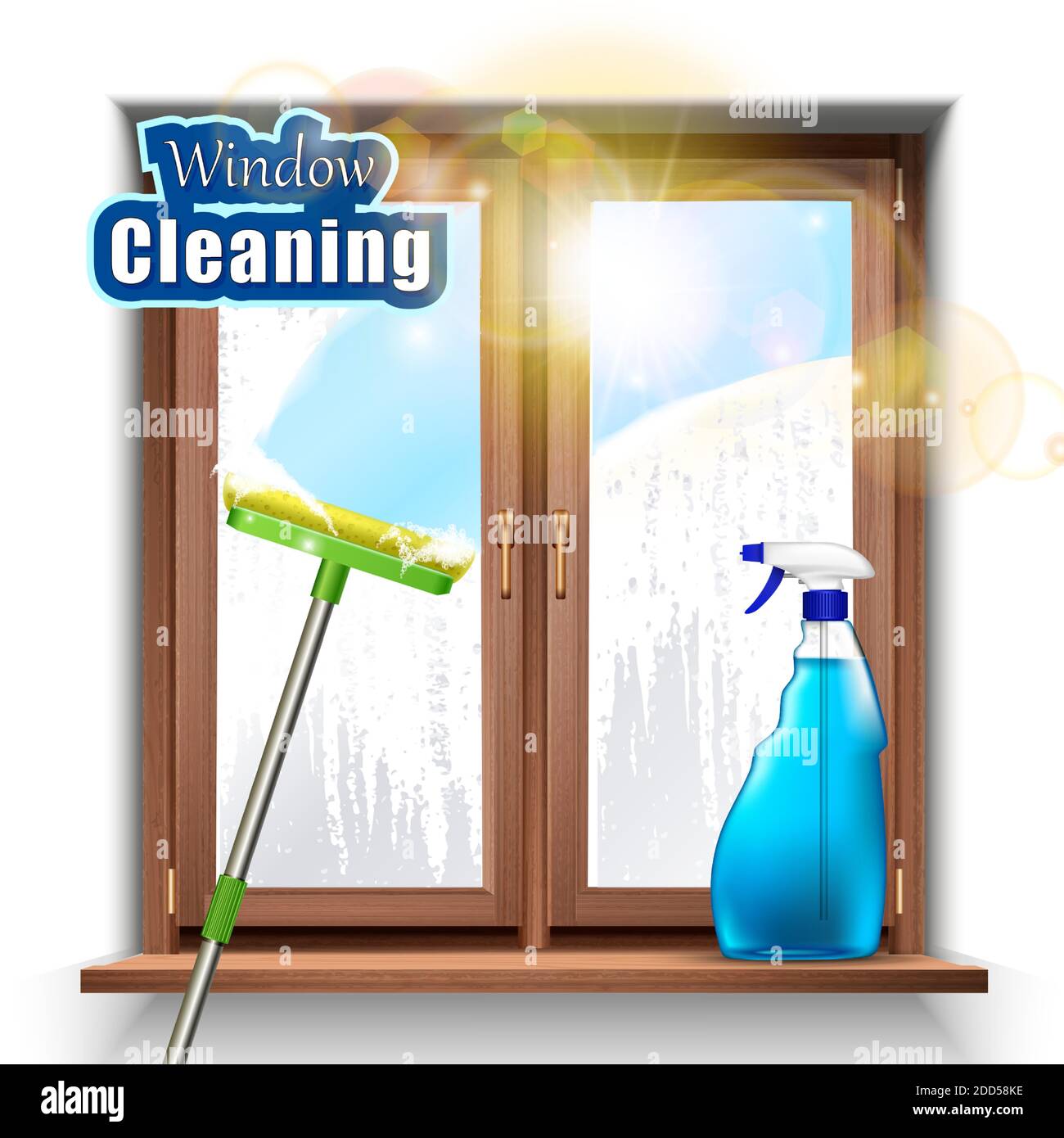 lavaggio vettoriale 3d realistico dello sfondo delle finestre, con prodotto mop e spray. Illustrazione Vettoriale