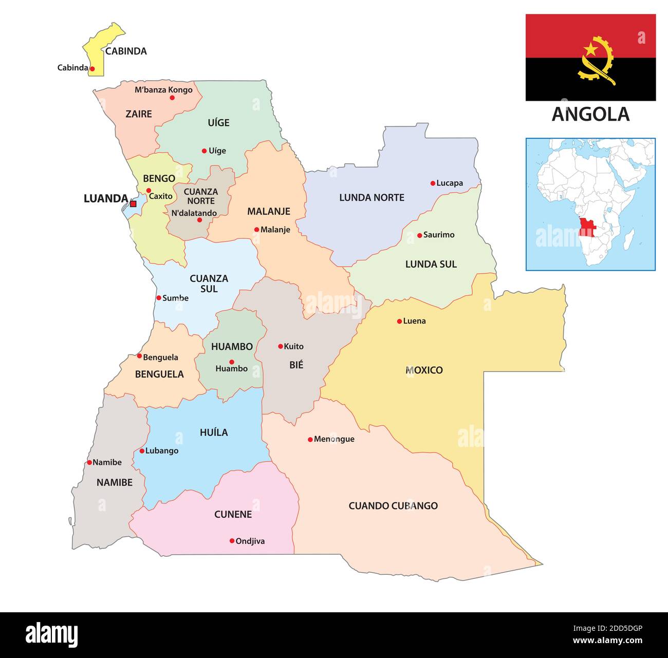 Mappa amministrativa vettoriale della Repubblica di Angola con bandiera Illustrazione Vettoriale