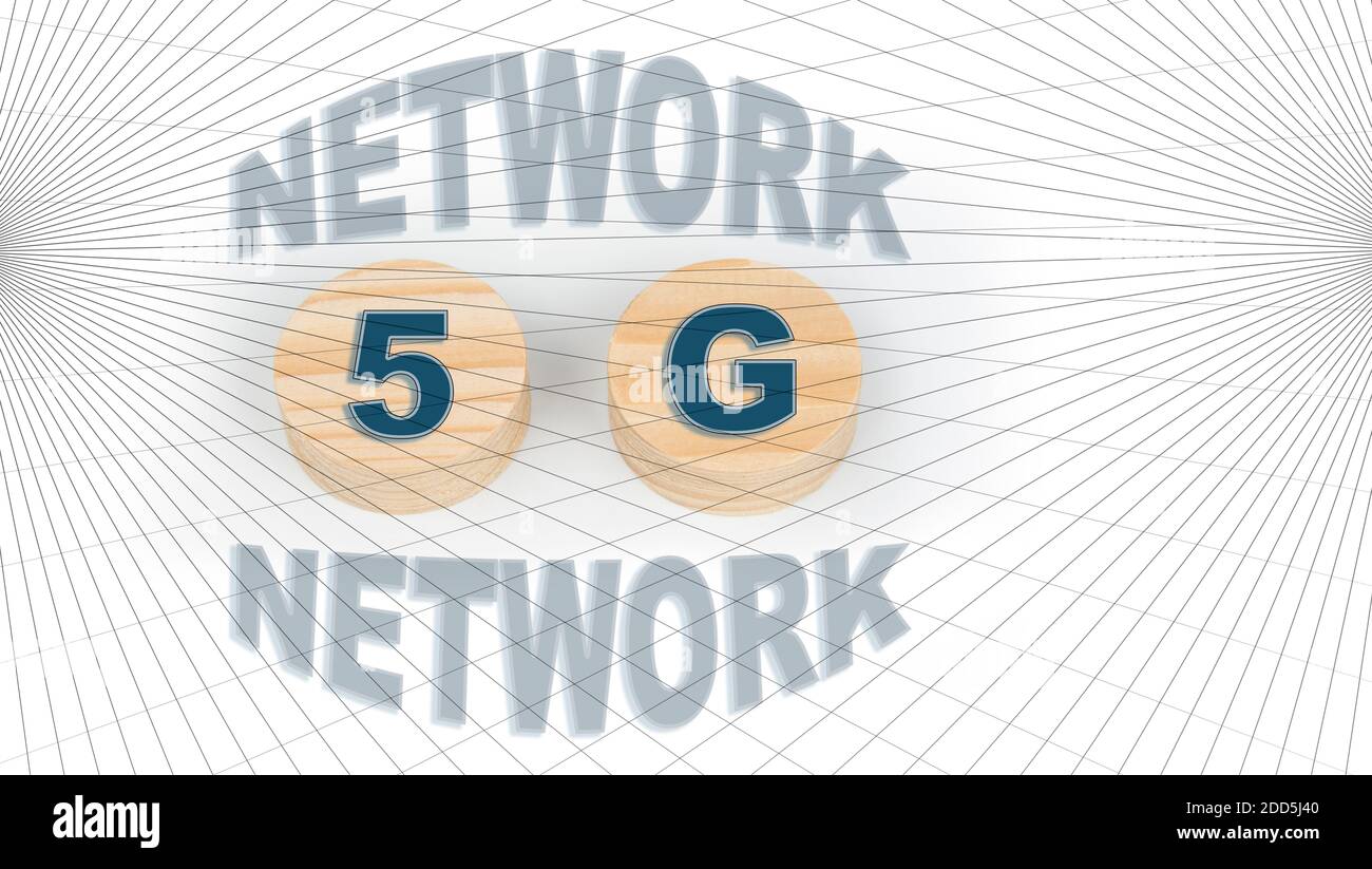 Tecnologia di rete 5G su cerchi in legno Foto Stock