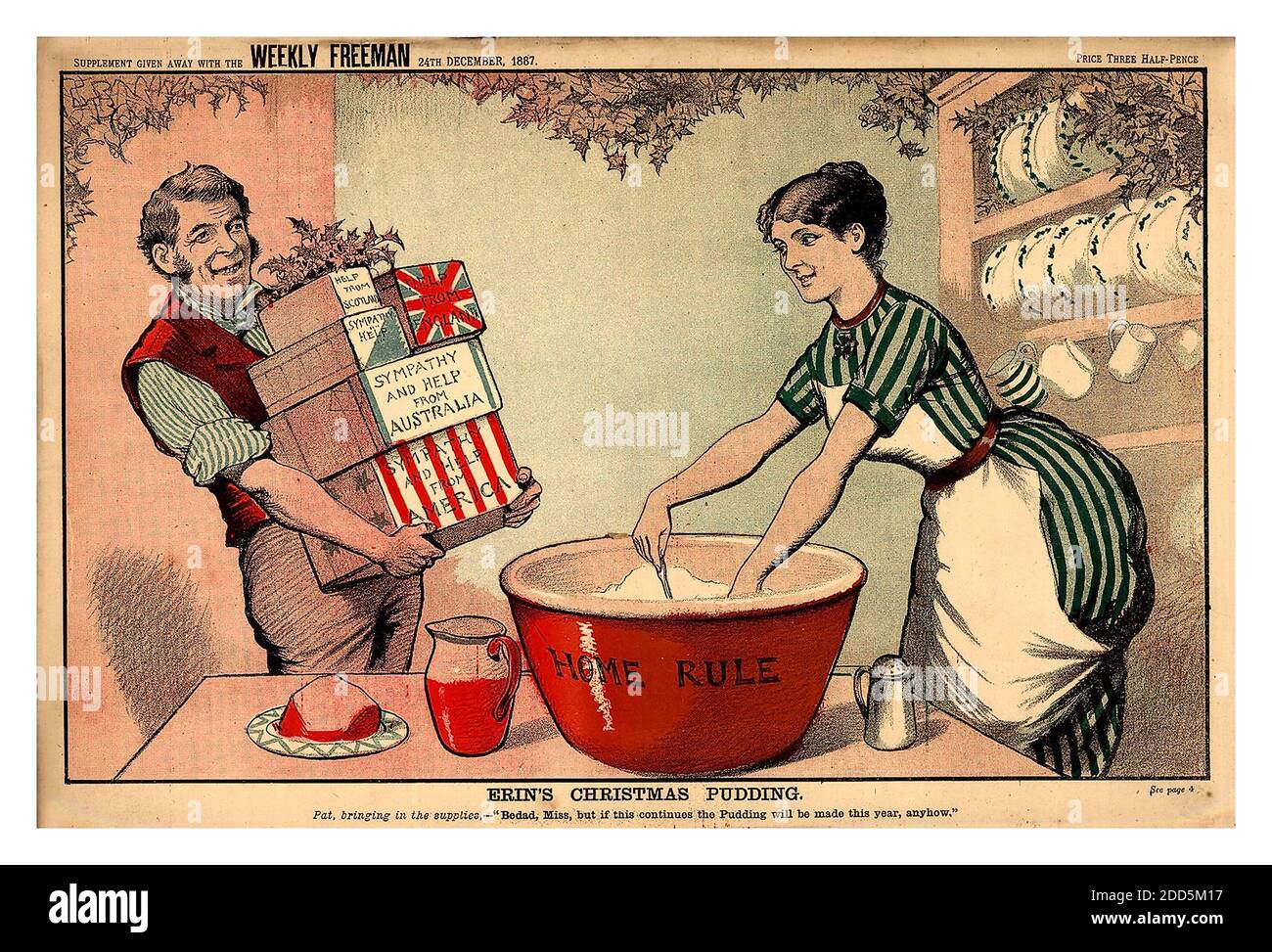 1887 ERINS NATALE PUDDING cartoon politico da settimanale Freeman 24 Dicembre con LA REGOLA DOMESTICA con i regali di simpatia & il supporto da Inghilterra Scozia Australia America per il nazionalismo irlandese regola della casa irlandese Irlanda Foto Stock