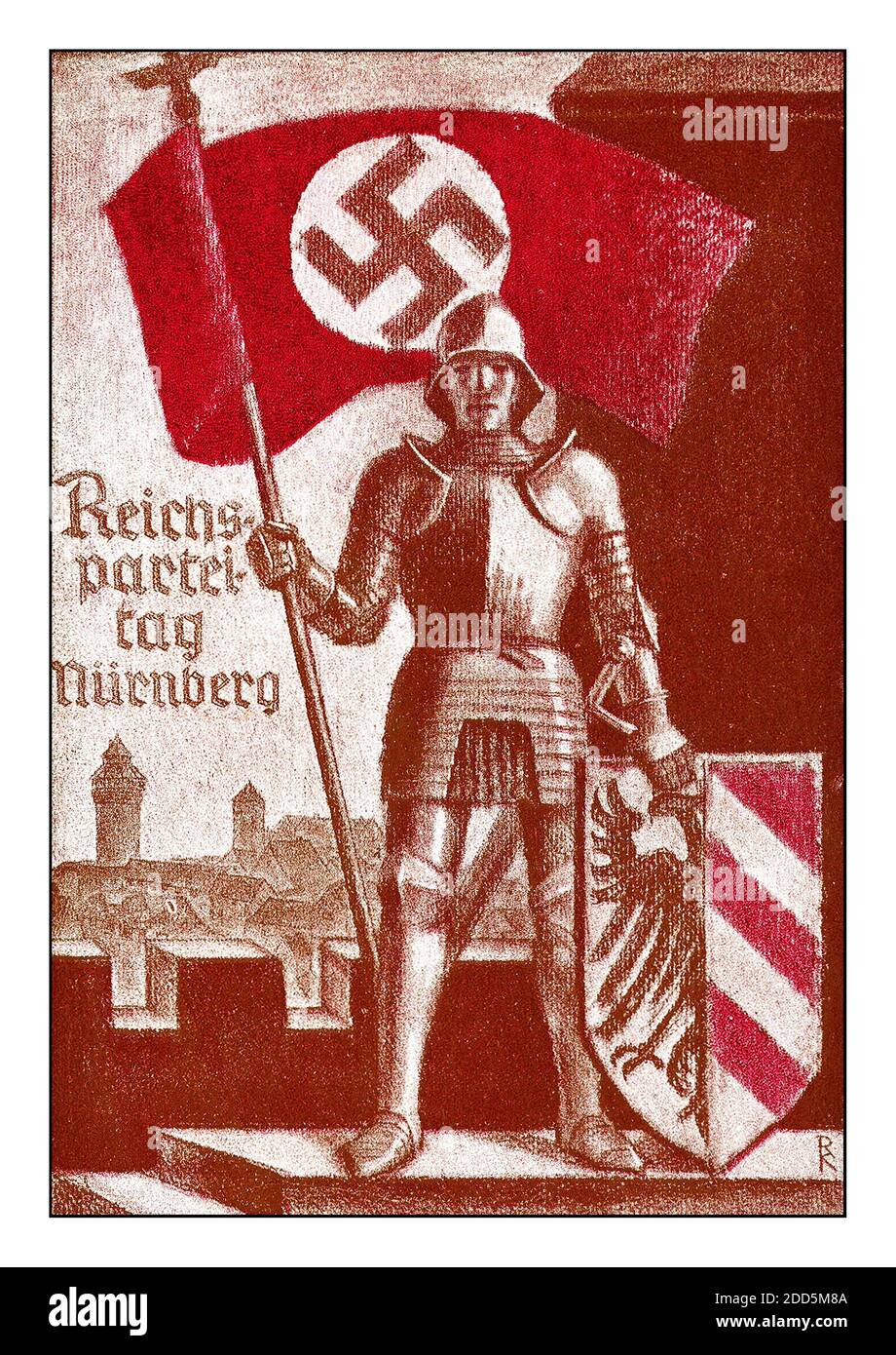 1936 Nazi Propaganda Reich Party Day Propaganda Card, carta monocromatica con il cavaliere tedesco, pubblicata da Hoffmann di Monaco, Germania Foto Stock