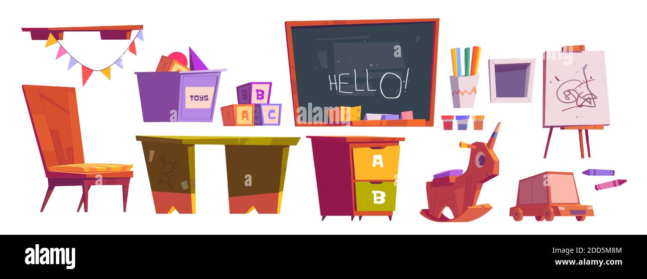 Sala giochi per bambini o mobili scolastici e attrezzature lavagna, scrivania e sedia, cubi a blocco, giocattoli per giochi per bambini e cavallo di legno con vernici e cavalletto, Cartoon vettore set isolato su sfondo bianco Illustrazione Vettoriale