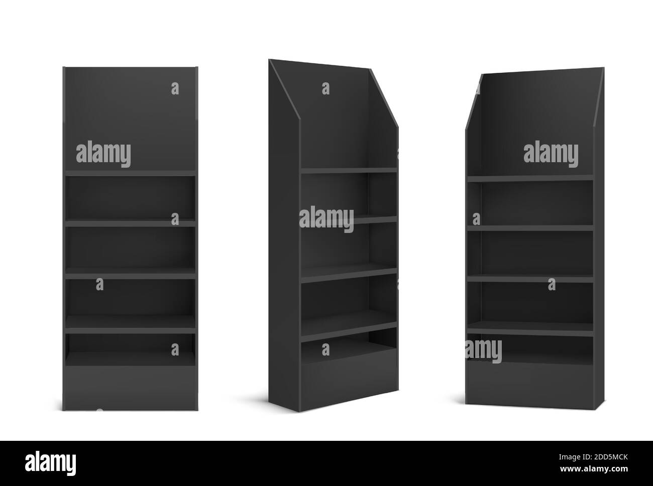Espositore POS nero per prodotti in supermercati, negozi e negozi. Vector realistic 3d mockup di scaffali promozionali con scaffali vuoti, vetrina al dettaglio isolato su sfondo bianco Illustrazione Vettoriale