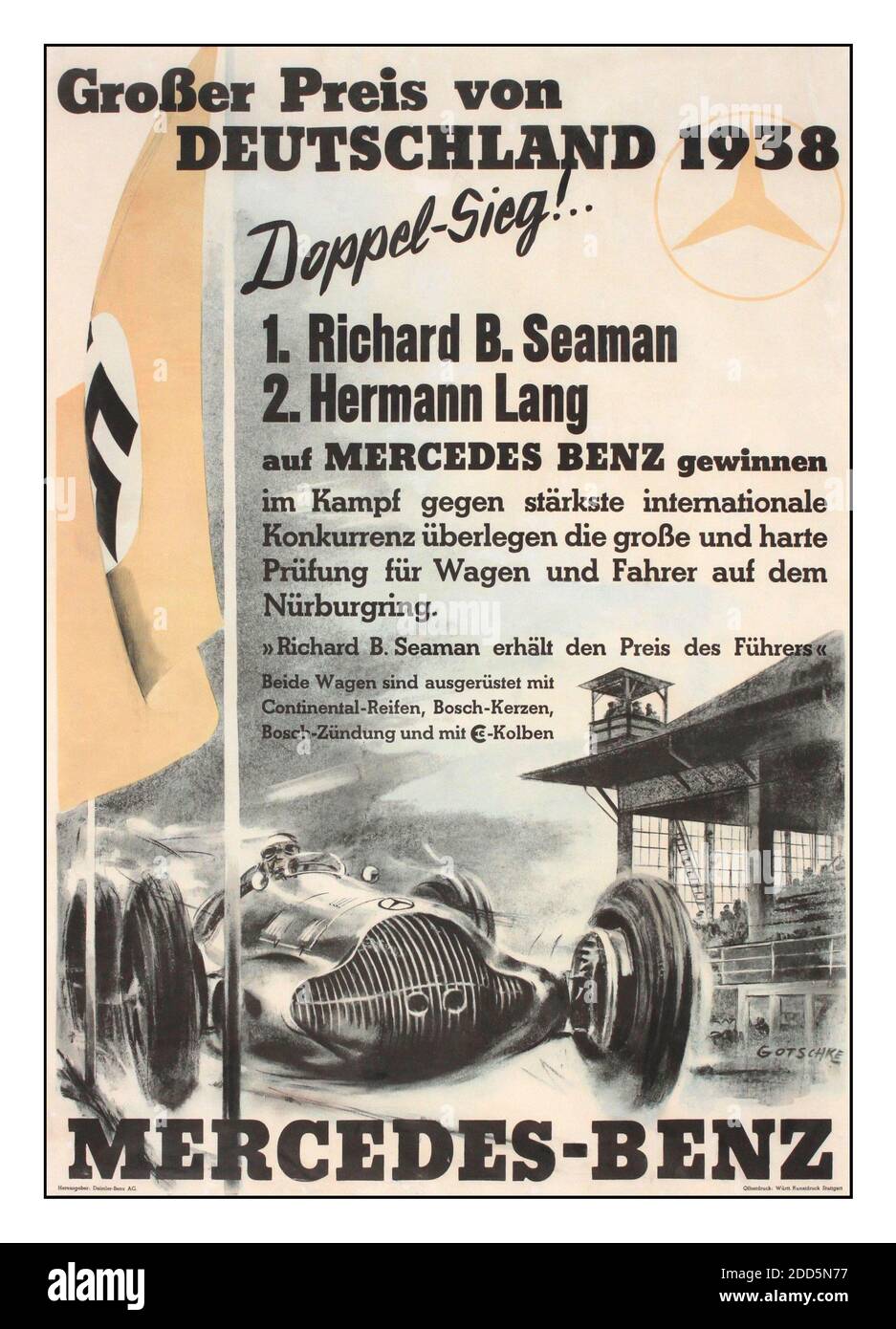 Manifesto d'epoca 1938 Grand Prix motoristico Mercedes-Benz - Grosser Preis von Deutschland, 1938, Nurburgring Germania Poster originale stampato da Offsetdruck Württ, Kunstdruck Stoccarda 1938 - da Walter Gotschke (1912-2000) Doppia vittoria 1 Richard B Seaman 2 Hermann Lang Foto Stock