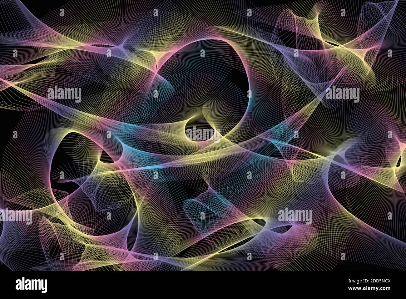 Illustrazione astratta di sfondo di linee a spirale frattale multicolore su sfondo nero. Foto Stock