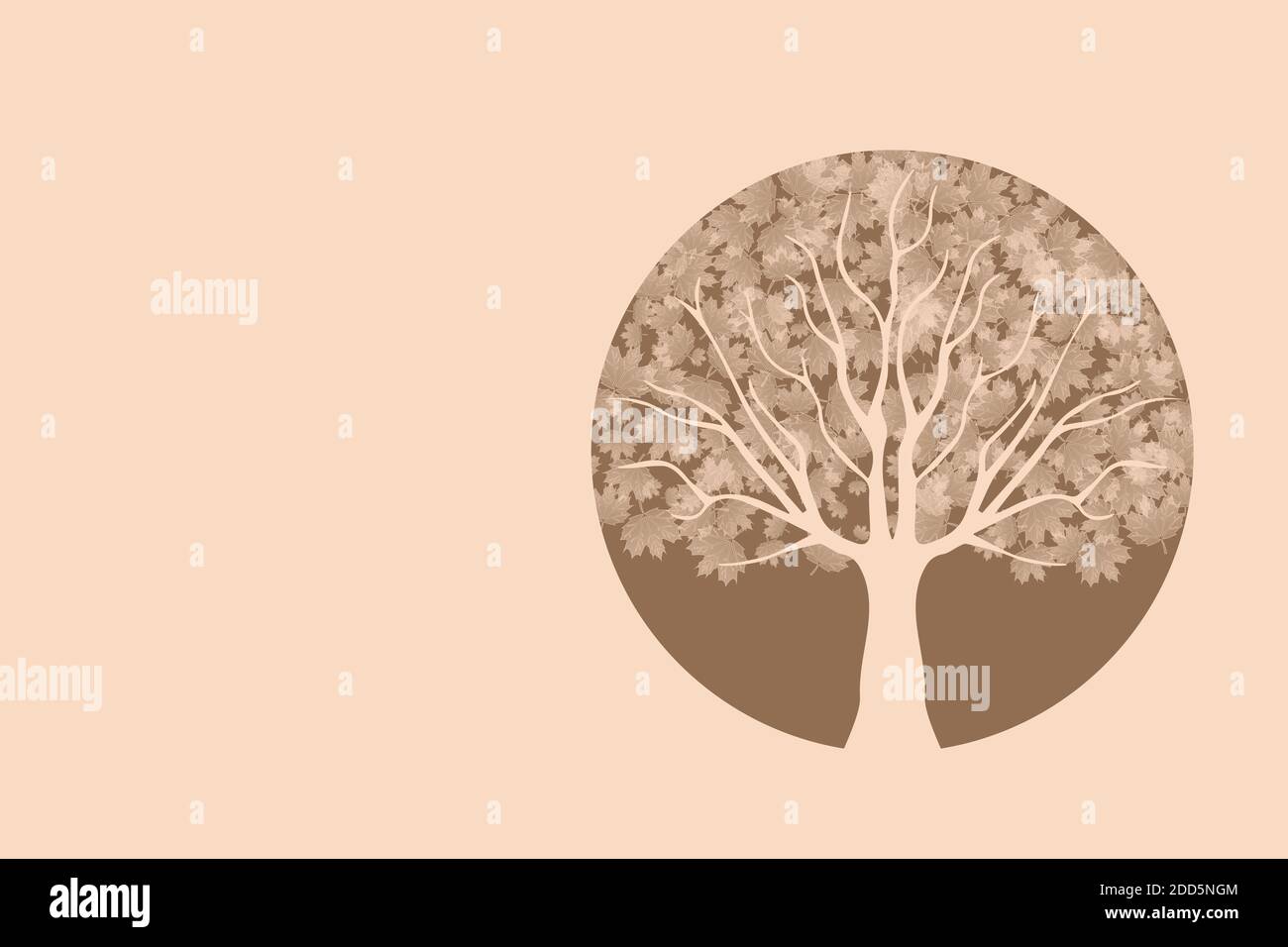 Una semplice illustrazione di un albero rotondo a foglia intera su uno sfondo crema con spazio per il testo. Foto Stock