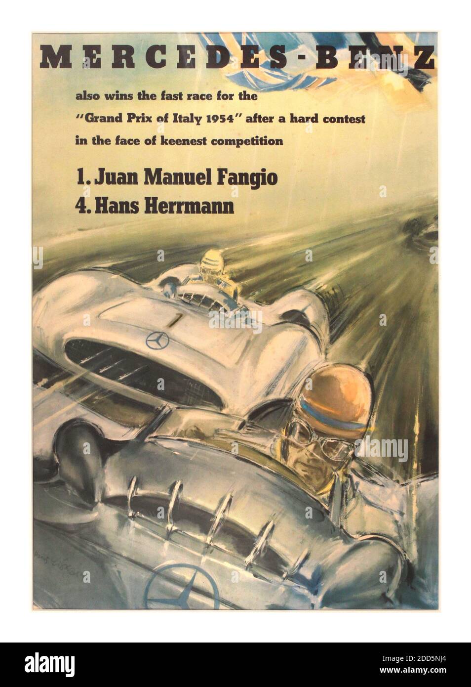 Poster d'epoca Mercedes-Benz 1954 per il Gran Premio d'Italia, 1.Juan Manuel Fangio, 4.Hans Hermann, poster originale stampato nella Germania occidentale 1954 da Hans Liska (1907-1983) il Gran Premio d'Italia 1954 è stato una gara automobilistica di Formula uno tenutasi il 5 settembre 1954 a Monza. È stata la gara 8 di 9 nel Campionato del mondo di piloti 1954. La gara di 80 giri è stata vinta dal pilota Mercedes Juan Manuel Fangio dopo essere partito dalla pole position. Mike Hawthorn ha finito secondo per il team Ferrari e i suoi compagni Umberto Maglioli e José Froilán González sono arrivati al terzo posto. Hans Herrman guida per Mercedes è arrivato 4° Foto Stock