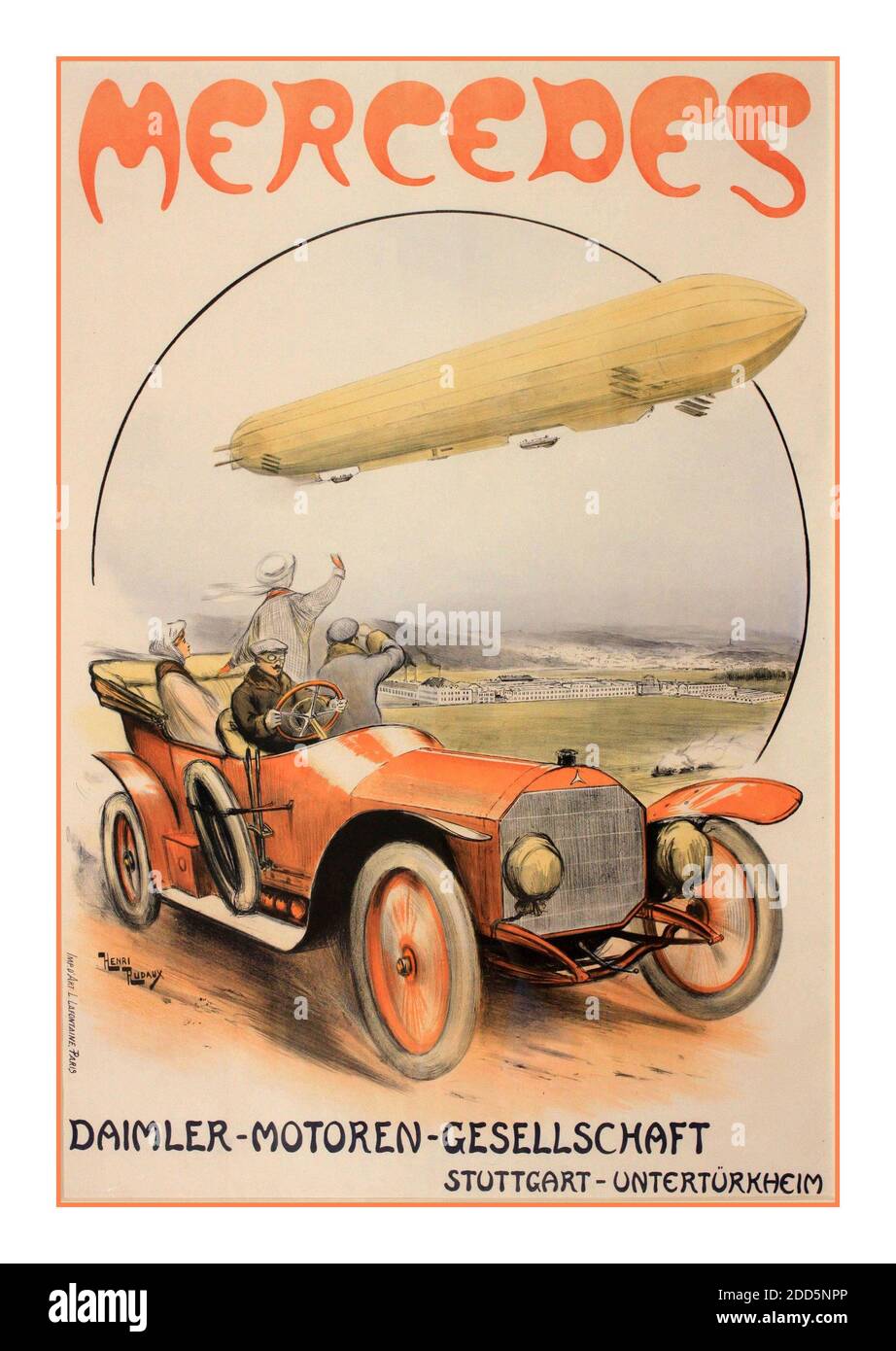 Poster pubblicitario Mercedes del 1900 d'epoca, Daimler-Motoren, poster originale stampato da Imp. D’Art L, Lafontaine, Parigi 1910 di Henri Rudeaux (1870-1927) 1910 Open Tourer Mercedes 'Daimler Motoring Society' con velivolo Zeppelin in background Foto Stock