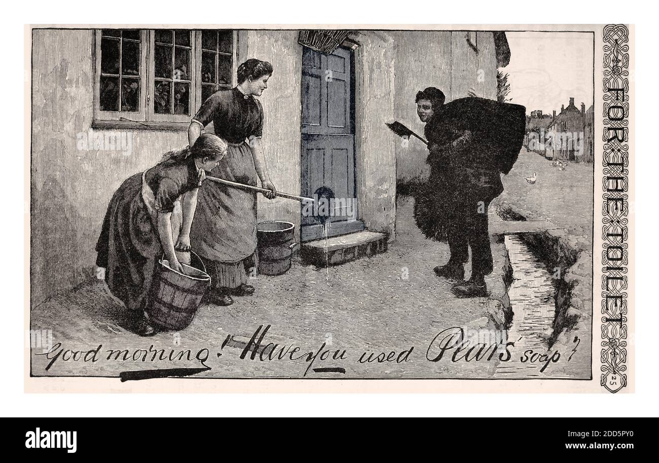 Vintage retro 1800's PERE SOAP pulizia poster pubblicità del secolo illustrato mensile rivista (1882) PEARS SOAP PUBBLICITÀ ' buona mattina avete usato pere sapone' Illustrazione di due donne pulizia la parte anteriore di una casa con un camino spazzare in conversazione. Foto Stock Vintage retro 1800's PERE SOAP pulizia poster pubblicità del secolo illustrato mensile rivista (1882) PEARS SOAP PUBBLICITÀ ' buona mattina avete usato pere sapone' Illustrazione di due donne pulizia la parte anteriore di una casa con un camino spazzare in conversazione. Foto Stock
