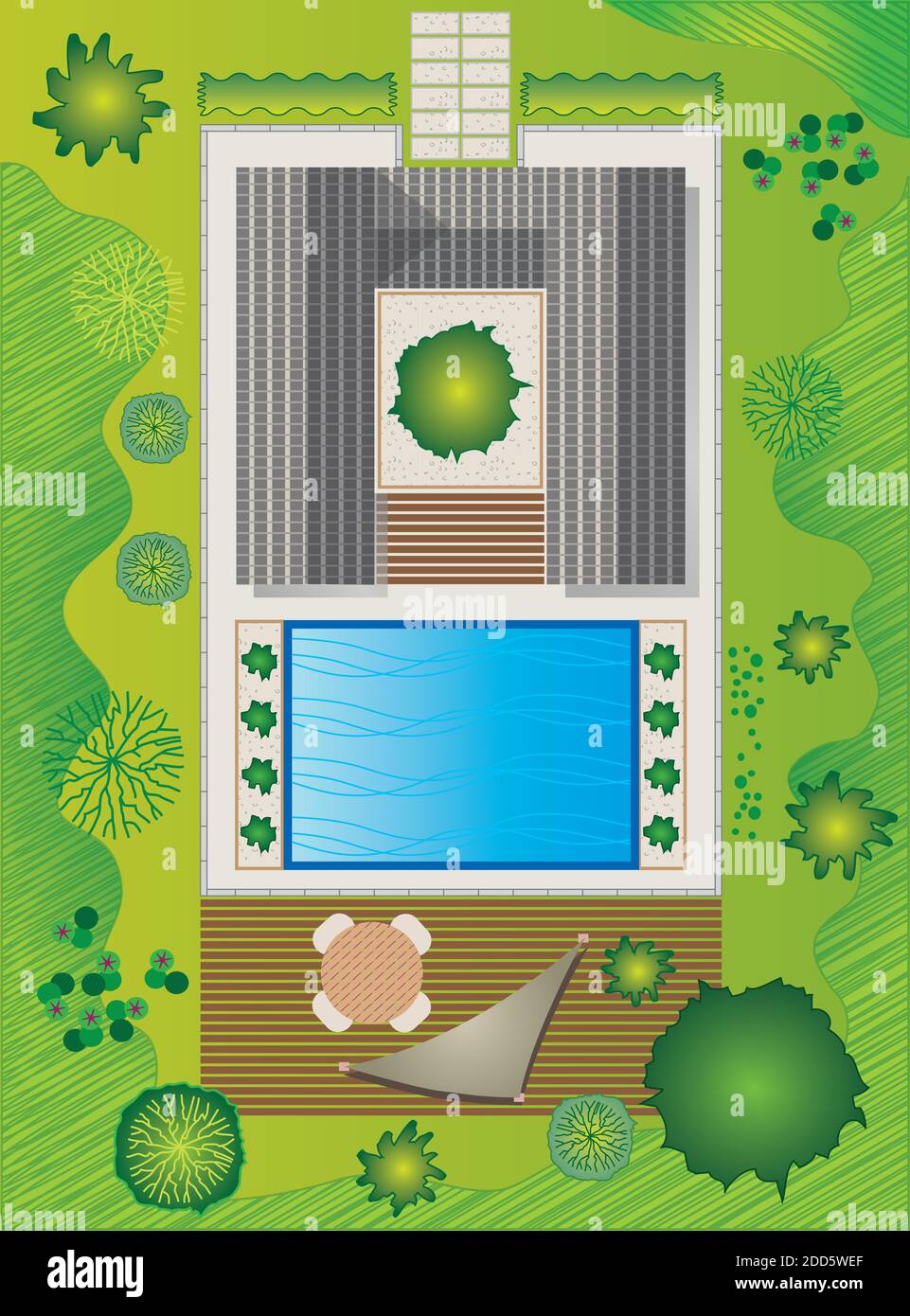 Paesaggio piano con casa e piscina - Giardino Design Illustrazione Vettoriale