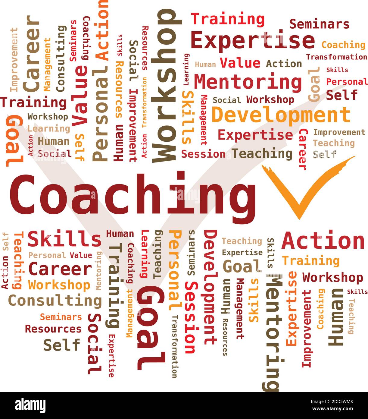 Word Cloud intorno Coaching in rosso / arancione colori con Simbolo di controllo - Lingua inglese Illustrazione Vettoriale