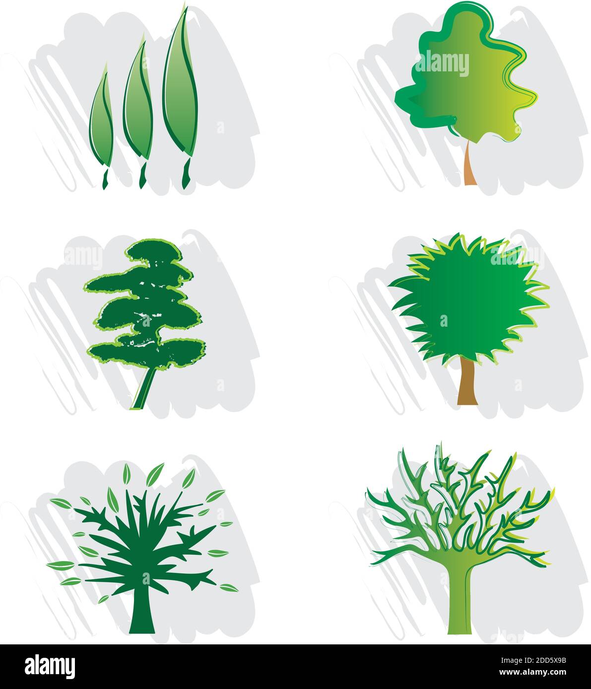 Set di sei silhouette di icone ad albero - elementi di progettazione paesaggistica Illustrazione Vettoriale