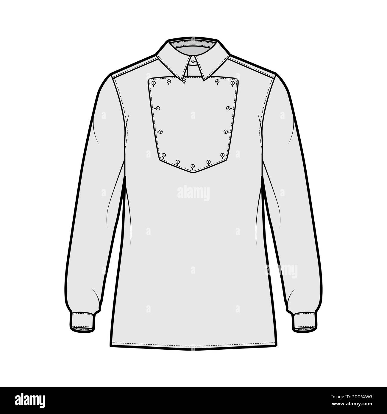 Maglietta cavalleria ufficiale illustrazione tecnica della moda con bib, maniche lunghe, relax fit, colletto classico. Lato anteriore piatto in stile selvaggio West, colore bianco. Donne uomo top mockup CAD Illustrazione Vettoriale