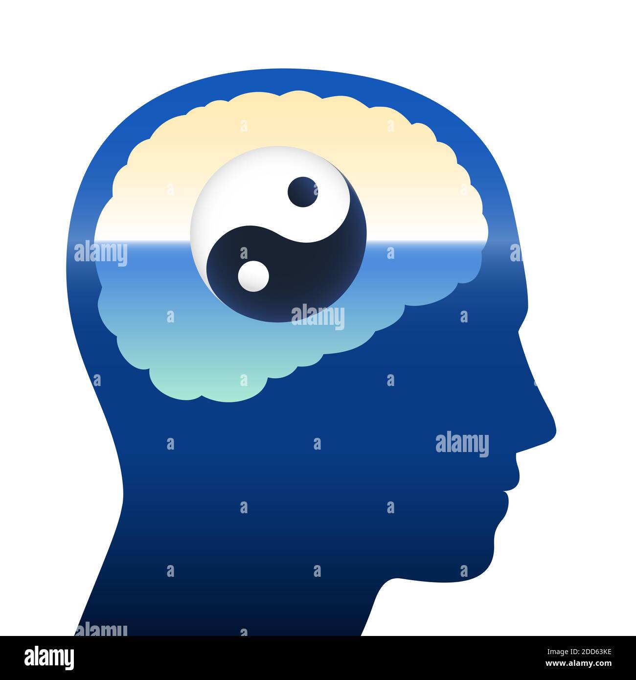 Yin Yang nel cervello umano, simbolo di equilibrio, armonia, relax, meditazione, tranquillità, spiritualità, serenità, silenzio e salute mentale. Foto Stock