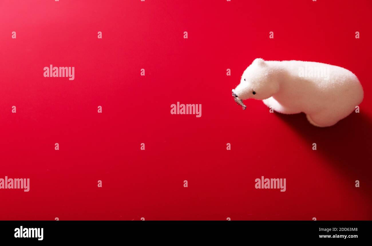 Orso polare giocattolo con pesce in bocca su sfondo rosso Foto Stock