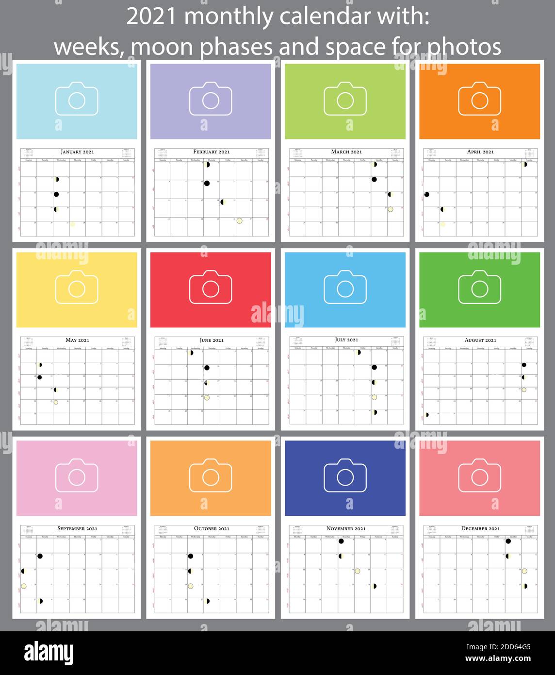 calendario di 2021 mesi con settimane, fasi lunari e spazio per le foto Foto Stock