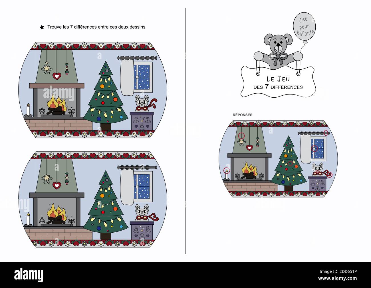 Il gioco di sette differenze. Gioco per bambini. Tema di Natale. Lingua francese. Illustrazione Vettoriale
