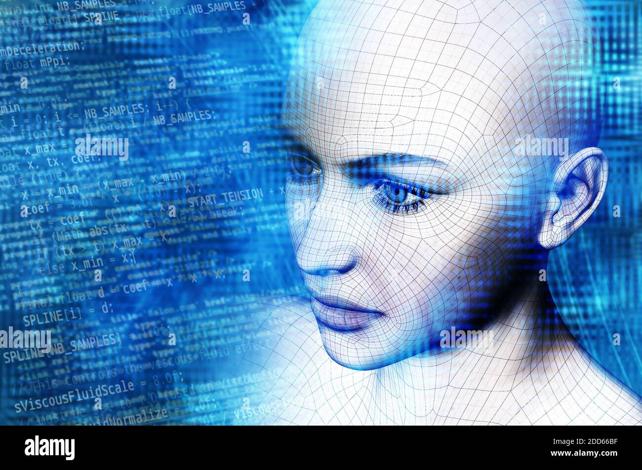 Testa umanoide come concetto di intelligenza artificiale, le future generazioni di esseri umani, tecnologia singolarità, cyberlife e creata digitalmente personas Foto Stock