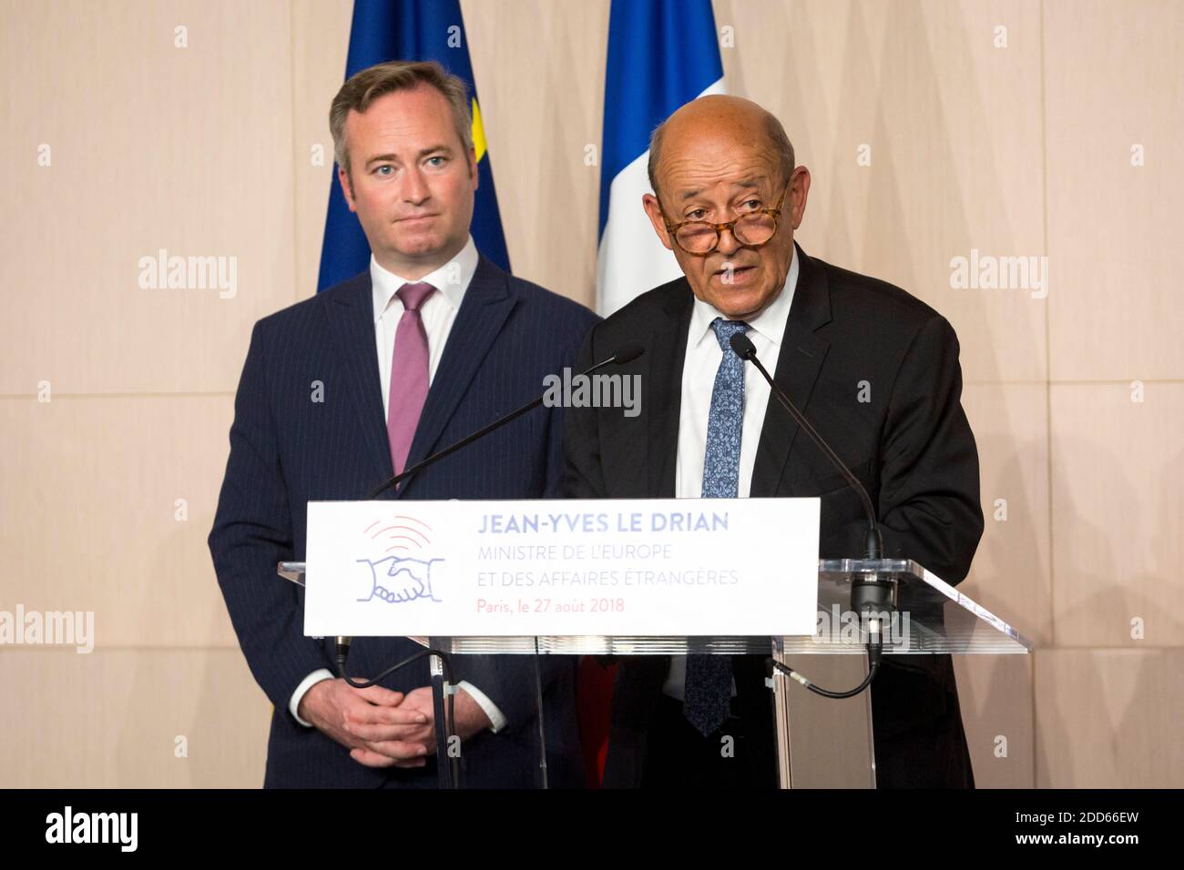 Il Ministro degli Esteri Jean-Yves le Drian partecipa all'apertura della Semaine des Ambassadeurs a Parigi, Francia, il 27 agosto 2018. Foto di Romain Beurrier/Pool/ABACAPRESS.COM Foto Stock