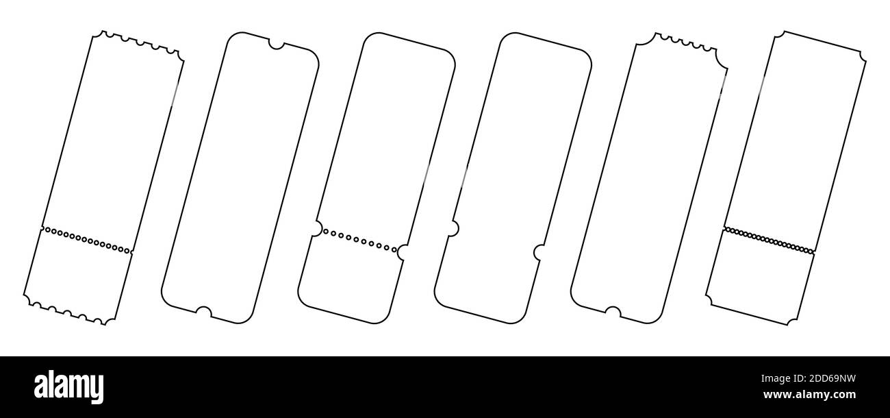 Impostare un modello ticket vuoto. Coupon vettore. Su cinema, teatro, concerto, gioco, festa, evento, festival. Illustrazione Vettoriale