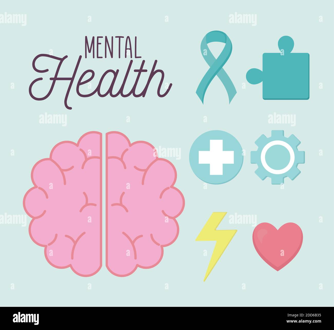 salute mentale con cervello e disegno vettoriale insieme di icone Illustrazione Vettoriale