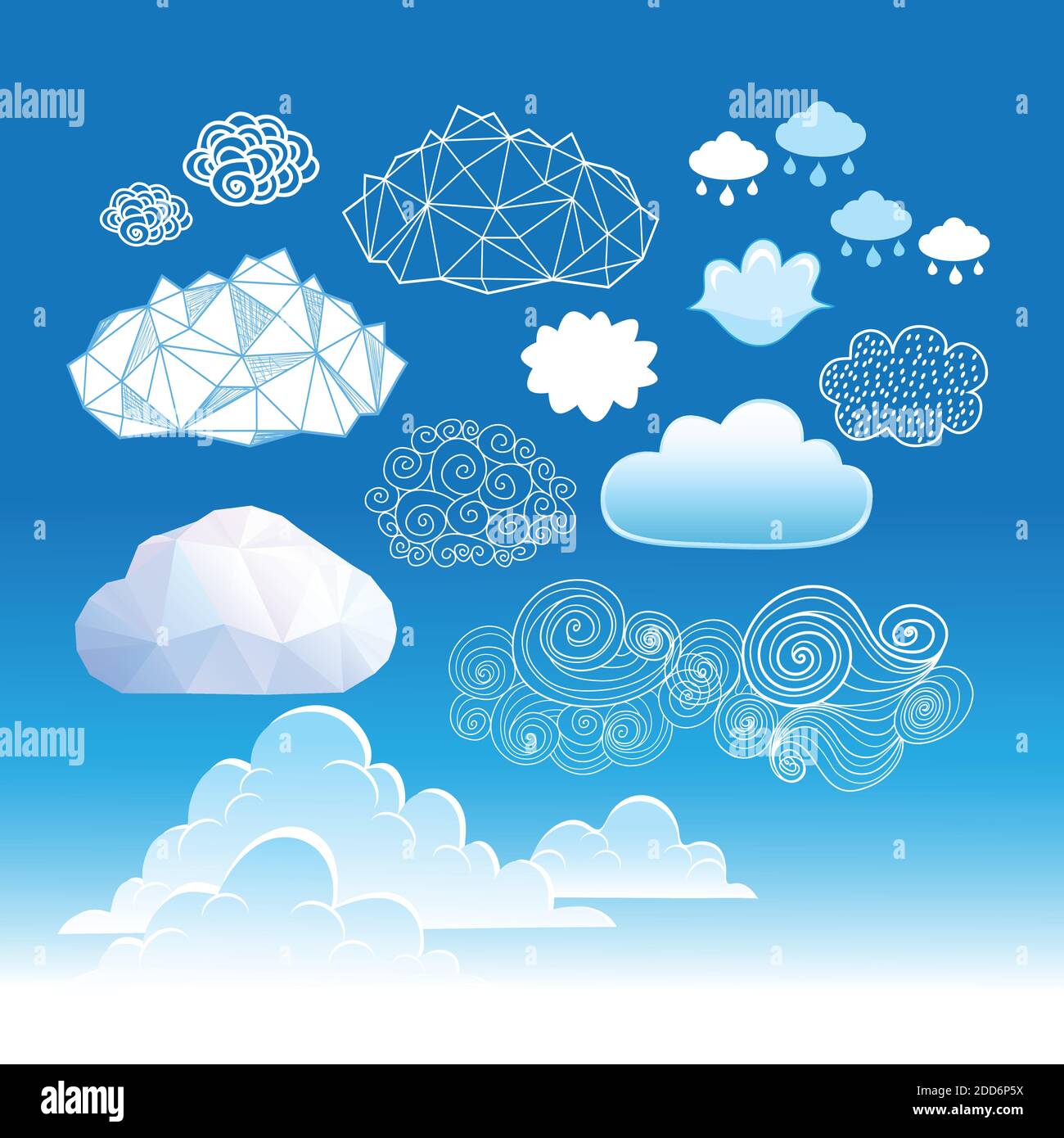 Immagine di un insieme di nuvole grafiche diverse su sfondo blu. Nuvole di forme e contorni diversi. Illustrazione Vettoriale