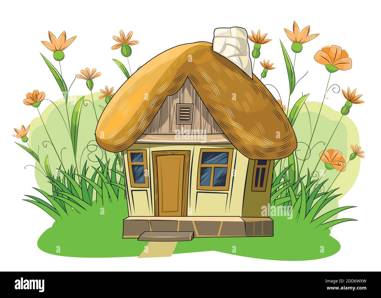 Vecchia casa giardino con tetto di paglia. Favoloso oggetto cartoon. Carino stile infantile. Antica dimora. Minuscolo, piccolo. Sullo sfondo di un Foto Stock