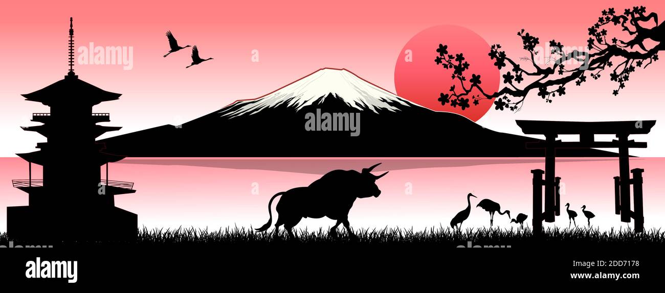 Paesaggio giapponese con il Monte Fuji e un toro come simbolo del nuovo anno secondo il calendario orientale. Sole che sorge Pagoda, uccelli e porte. Illustrazione Vettoriale