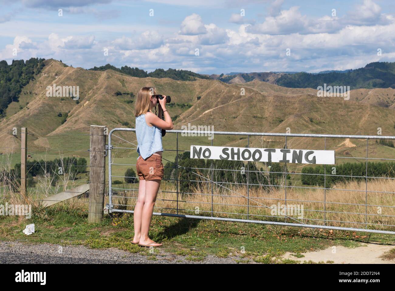 Scattare una foto dove dice "No shooting" su state Highway 43 (aka Forgotten World Highway), Taranaki Regione, Isola del Nord, Nuova Zelanda Foto Stock