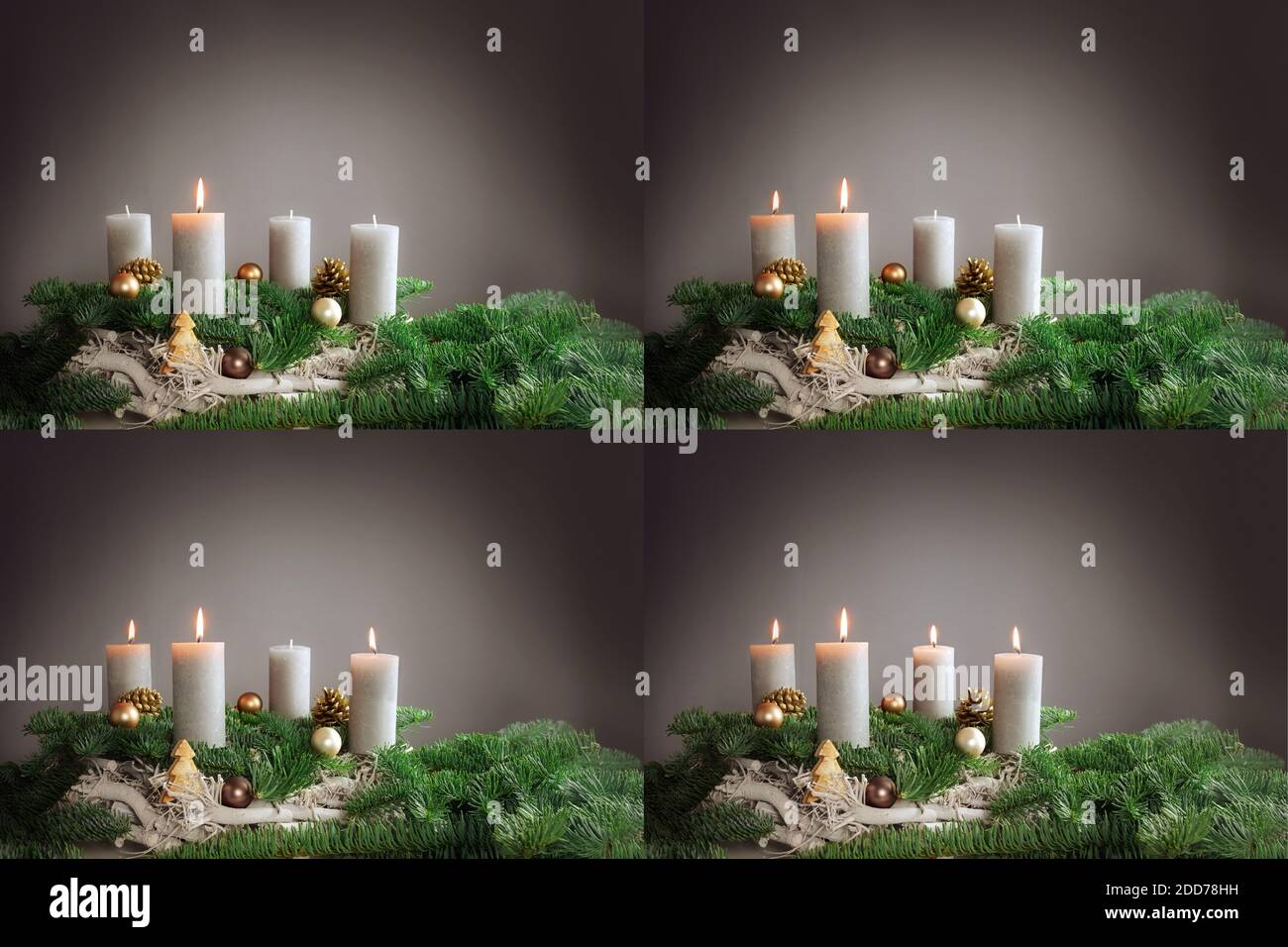 Quattro immagini dal 1° al 4° avvento con arrangiamenti festosi di candele brucianti, rami di abete e decorazione di Natale, spazio di copia, fuoco selezionato, na Foto Stock