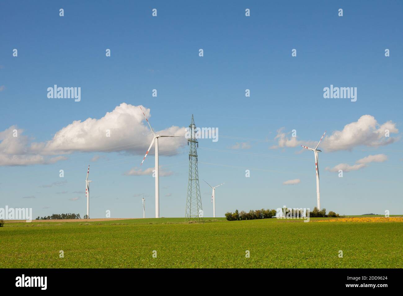 Windräder in der Natur, die saubere Energie und Strom erzeugen Foto Stock