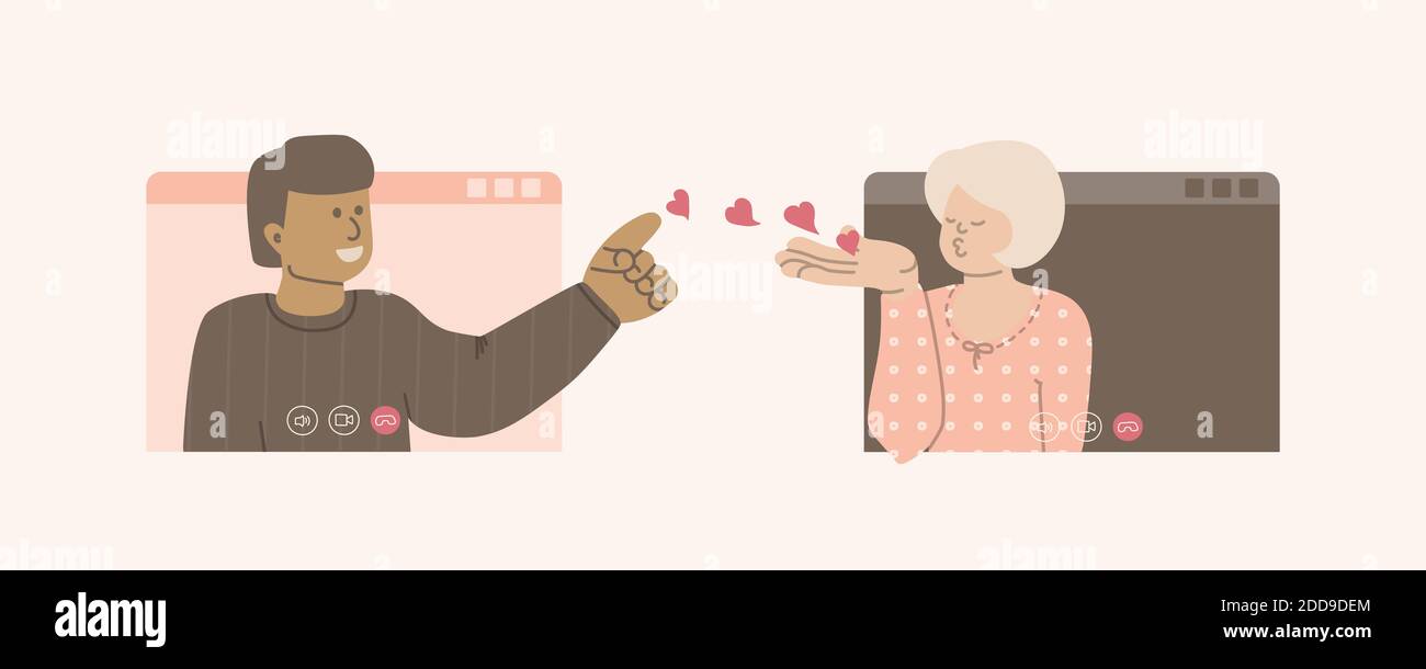 Un uomo e una donna fanno una videochiamata. Gli amanti mandano un bacio e cuori. Concetto di relazione a distanza. Internet dating. Illustrazione vettoriale semplice piatta st Illustrazione Vettoriale