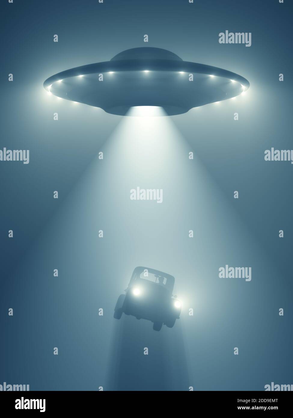 Un oggetto volante non identificato che vola di notte e che livita un'auto con la trave del trattore. Illustrazione 3D. Foto Stock